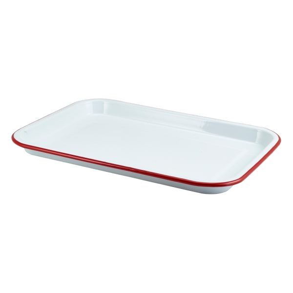 Enamel Serving Tray White With Red Rim 33.5x23.5x2.2cm
