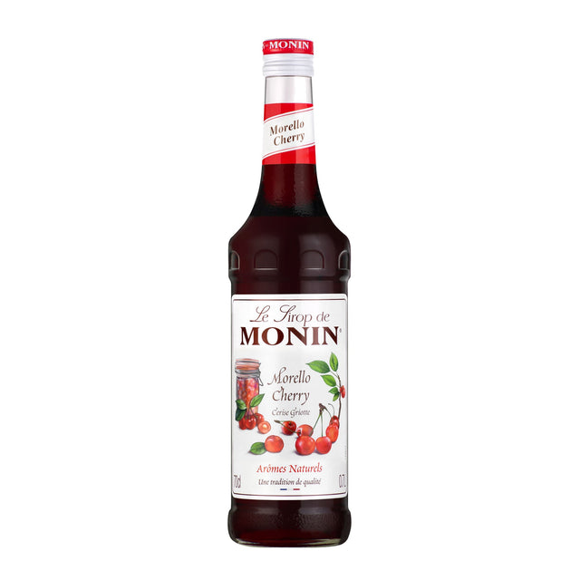 Monin Morello Cherry Syrup bottle and a hot drink