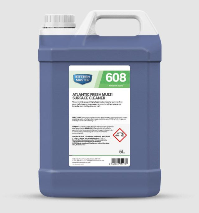 5L container of Kitchen Master 608 Atlantic Fresh Multi-Surface Cleaner on a light gray background