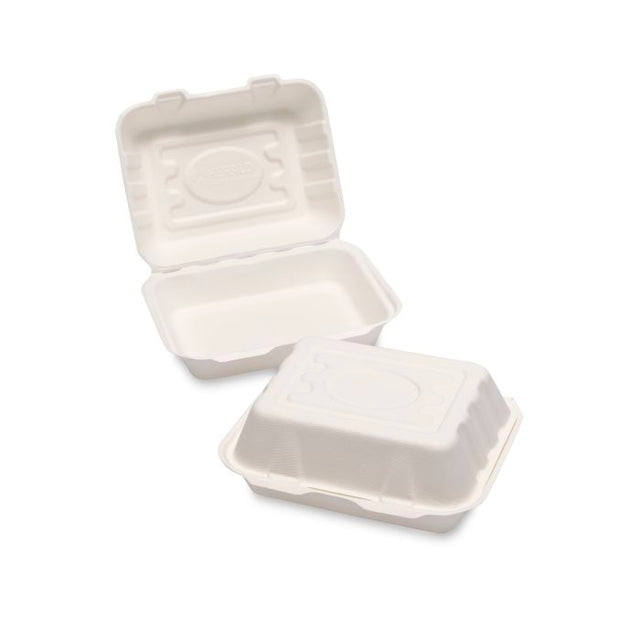 Two white biodegradable food containers on a white background