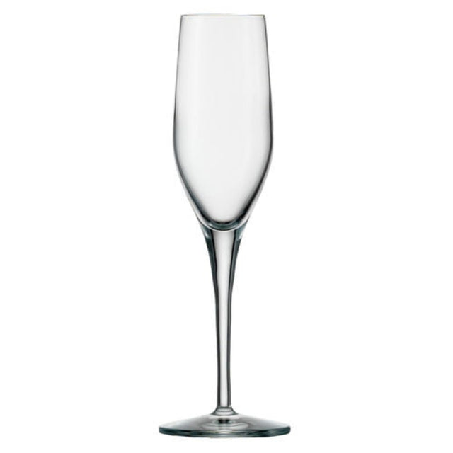 Clear champagne flute on a white background
