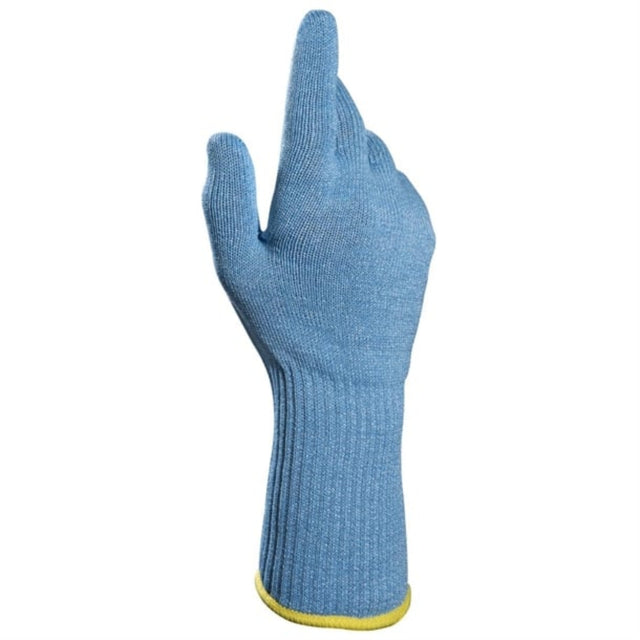 Blue cut-resistant glove on a white background