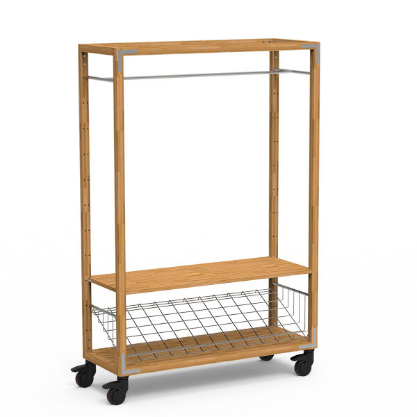 Canvas Natural Bamboo Stainless Steel Coat Rack on Casters