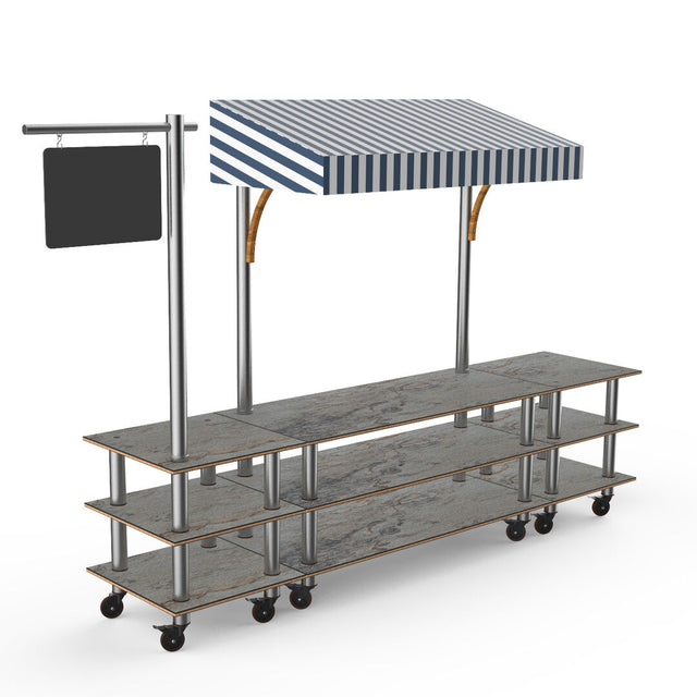 Modular Bazaar Action Station Grey Stainless Steel White/Blue Canopy on Casters