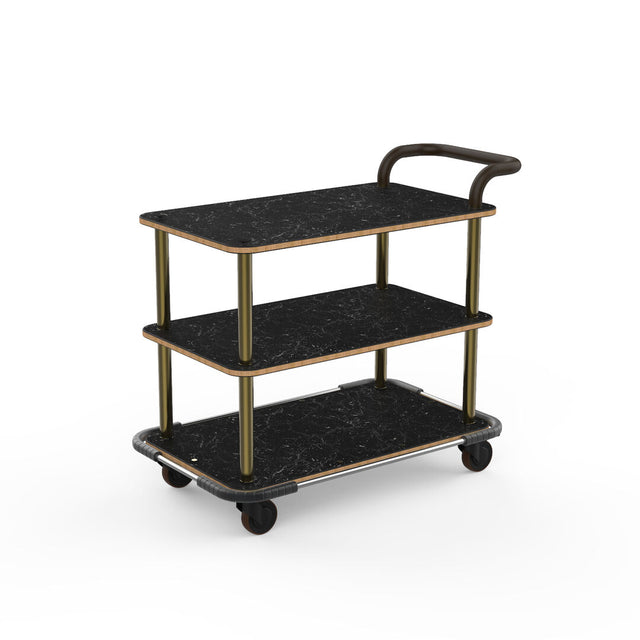 Roll'n Service Cart Leather Handle & Heavy Duty Bumper Black Marble Brushed Brass