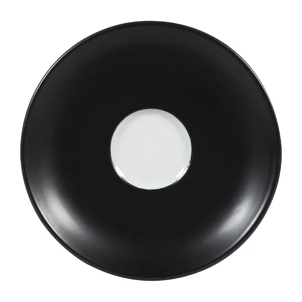 Black plate with a white center on a white background