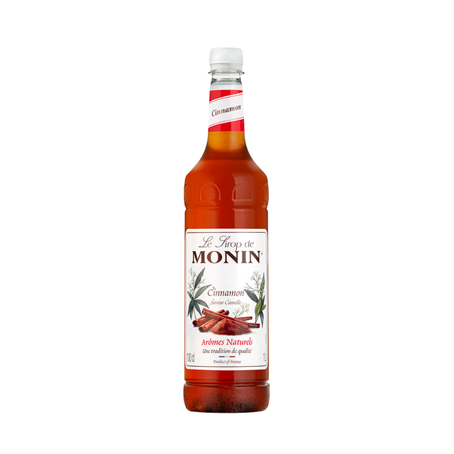 Monin Cinnamon Syrup bottle and a coffee