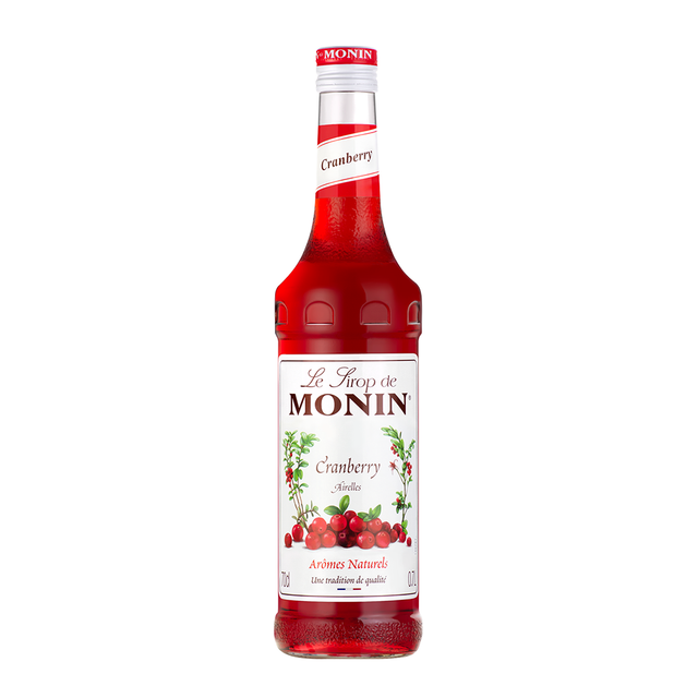 Monin Cranberry Syrup bottle and a fruity drink