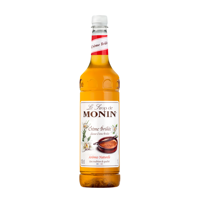 Monin Creme Brulee syrup 1 Ltr bottle and a cofee