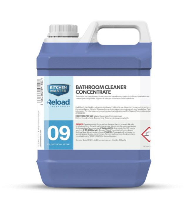 Blue and white container of Bathroom Cleaner Concentrate with 'Kitchen Master' branding on a white background