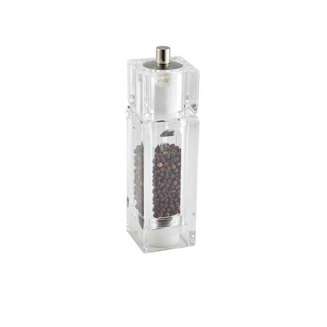 Clear pepper mill with black pepper inside on a white background