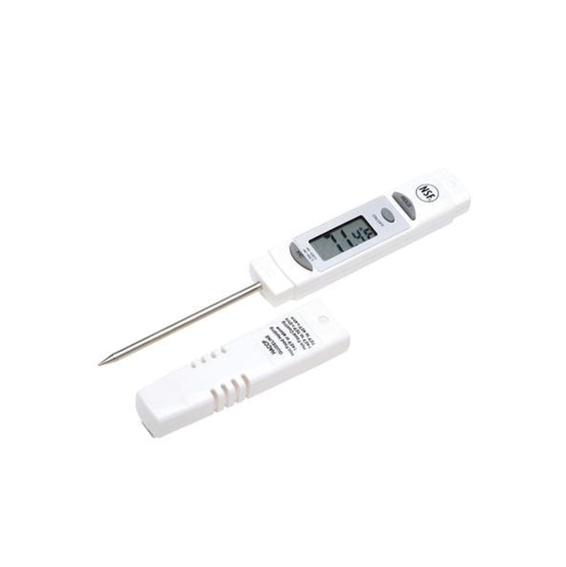 Digital thermometer with a probe on a white background