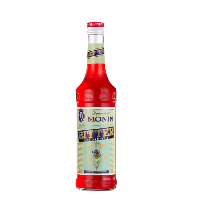 monin bitter syrup bottle and drink